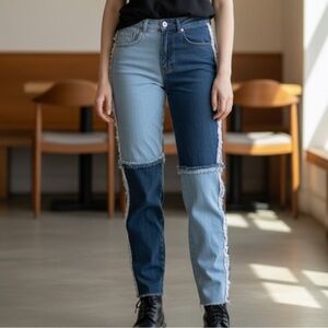 Ragged Quarter Panel Patched Denim Mom Jeans High Waisted Raw Fringe Hem SZ 28